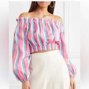 Staud Fair off-the-shoulder multi color striped stretch-cotton poplin crop top S